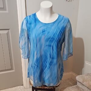 Blue Wave-Print Sheer Blouse with Flutter Sleeves